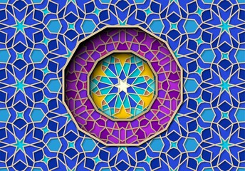 Arabic ornament with girih patterns and round frame element with star. Abstract islamic background with traditional geometric pattern