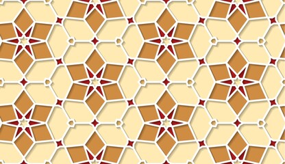 Fototapeta premium Arabic seamless girih pattern with classic islamic culture ornament. Colorful tiled background with shadow.