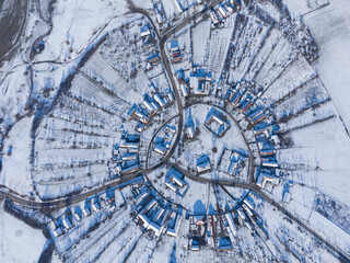 Charlotenburg, Romania the only round village in the country with a drone view in winter season.