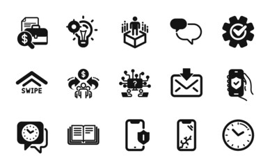 Vector set of Accounting report, Smartphone broken and Swipe up icons simple set. Smartphone protection, Time and Augmented reality icons. Education, Cogwheel and Teamwork question signs. Vector