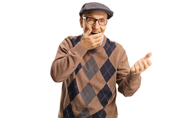 Elderly man laughing and gesturing with hand
