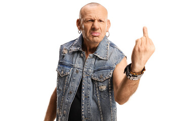 Rude bald man showing a middle finger