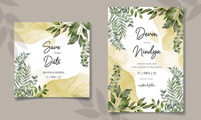 wedding invitation card with beautiful watercolor green leaf decoration