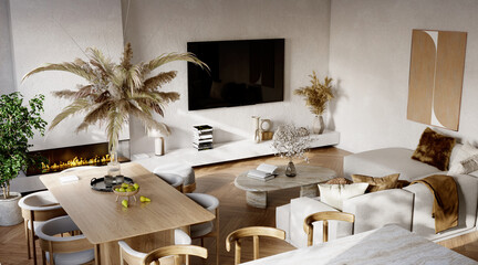 Open plan living room interior with modern wood kitchen, 3d render 
