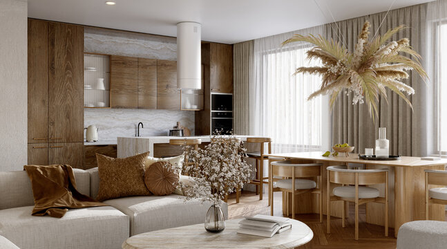 Open plan living room interior with modern wood kitchen, 3d render 
