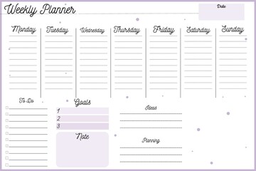 Weekly planner. Minimalistic purple design. Weekly planner with green sheets, notes, organizer for daily plans, weekly planner template, schedule