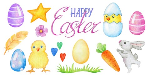 Easter Collection of cute drawings drawn with colored pencils, isolated on a white background, design elements