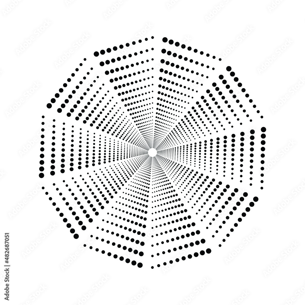 Poster dotted circular logo. circular concentric dots isolated on the white background. halftone fabric des