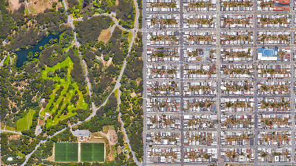 San Francisco and Golden Gate Park, City and green area border, looking down aerial view from above...