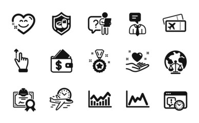 Vector set of Boarding pass, Touchscreen gesture and Magistrates court icons simple set. Project deadline, Winner reward and Smile chat icons. Flight time, Medical tablet and Infochart signs. Vector