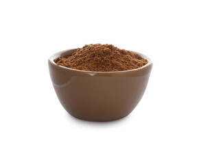 Bowl with nutmeg powder on white background