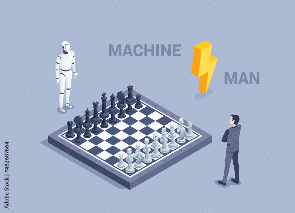 Aufkleber isometric vector illustration on a gray background, a chessboard with figures and a robot in front o