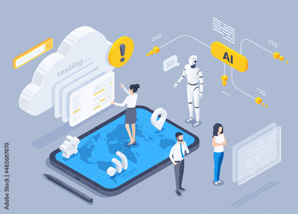 Poster isometric vector illustration on a gray background, a man and women together with artificial intelli