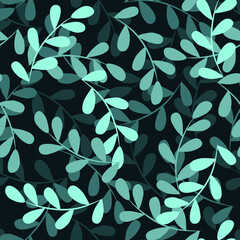 Seamless pattern on a dark background with leaves. Monochrome pattern with a green tint for textiles, fabric, wrapping paper, notepads and clothes.