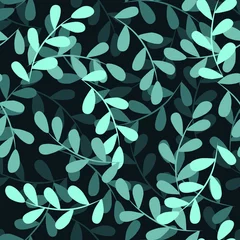 Keuken foto achterwand Turquoise Naadloze patroon op een donkere achtergrond met bladeren. Monochroom patroon met een groene tint voor textiel, stof, inpakpapier, blocnotes en kleding.