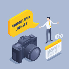 isometric vector illustration on a gray background, a man next to a photo camera, advertising photography courses