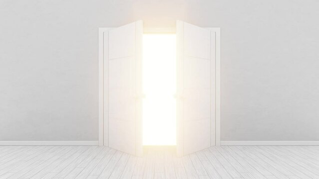 Realistic 3D animation of the doors in a cozy white room opening to the morning sun rendered in UHD