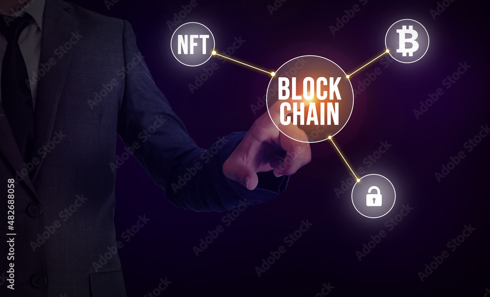 Poster modern blockchain and future technology concept with man touching on the screen. glowing blockchain 
