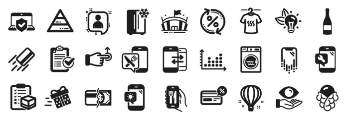 Set of Business icons, such as Drag drop, Champagne bottle, Smartphone recovery icons. Laptop insurance, Air balloon, Laundry signs. Loan percent, Cashback, Survey checklist. Credit card. Vector