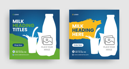 Milk product or dairy farm products social media post banner design or instagram post banner and web banner bundle template, 