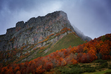 Fototapeta na wymiar Mountain in autumn on a cloudy day in Picos de Europa national park in Puerto de Panderrueda viewpoint, Spain