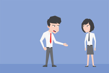 An illustration of business man and woman discuss each other