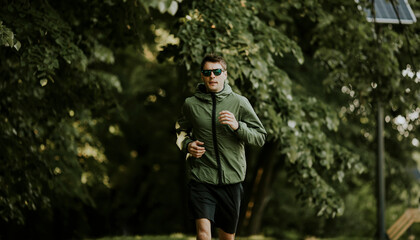 Fototapeta na wymiar Athletic young man running while doing workout in sunny green park