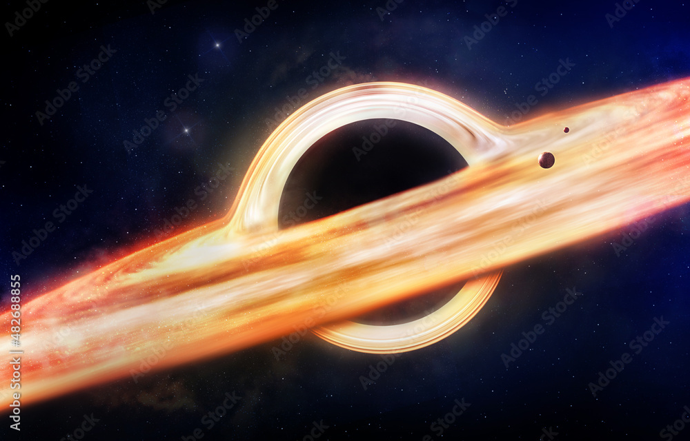 Poster black hole and stars and cloud fields in outer space.