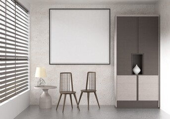 Mockup poster frame in Minimal style. interior with modern furniture. Minimalist interior design. living room frame design. copy space white background. modern white house concept. 3D illustration.