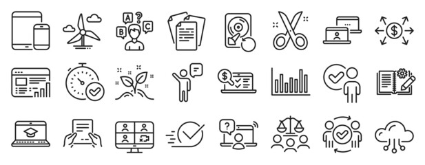 Set of Education icons, such as Windmill turbine, Bar diagram, Checkbox icons. Agent, Mobile devices, Outsource work signs. Documents, Engineering documentation, Receive file. Court jury. Vector