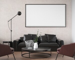 Mockup poster frame in Minimal style. interior with modern furniture. Minimalist interior design. living room frame design. copy space white background. modern white house concept. 3D illustration.