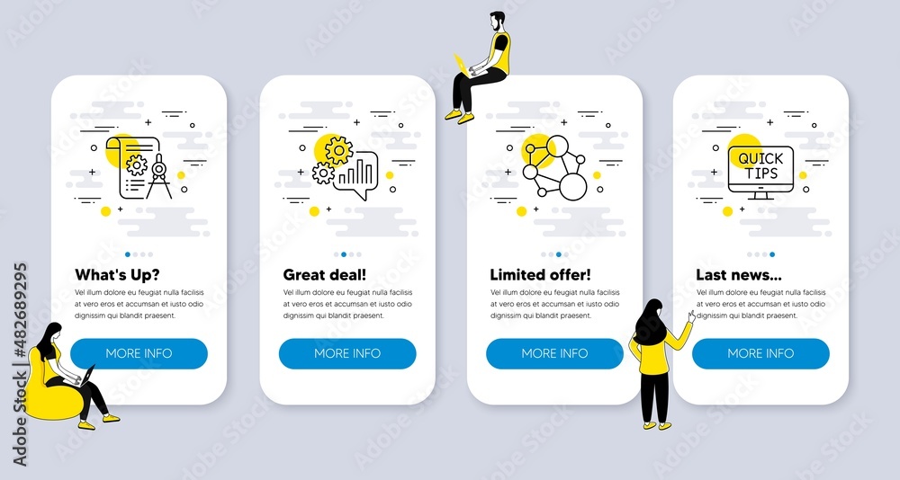 Poster vector set of science icons related to cogwheel, integrity and divider document icons. ui phone app 