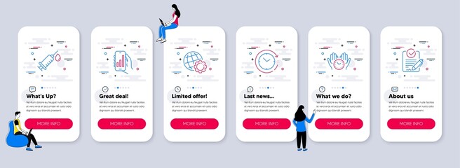 Set of Science icons, such as Globe, Medical syringe, Time change icons. UI phone app screens with teamwork. Safe time, Analysis app, Rfp line symbols. Internet settings, Vaccination, Clock. Vector