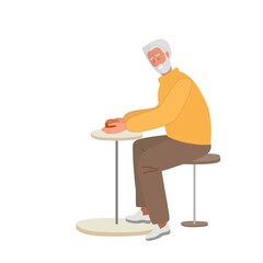 Smiling elderly Man working on pottery wheel. Senior craftman. Ceramic art and hobby. Mature Man. Mental health concept vector for elderly man. Colored flat cartoon vector illustration isolated