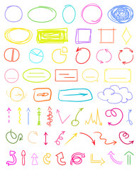 Abstract circles, arrows and rectangles. Multicolored infographic elements isolated on white. Set of different indicator signs. Hand drawn simple objects. Right and left direction pointers