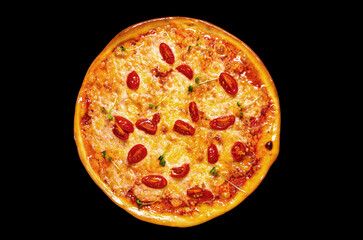 Pizza, a traditional Italian snack. Lots of ingredients, cheese,  tomatoes, sauce. Top view, round, not cut.