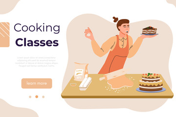 Cooking class vector banner. Culinary school, workshop or blog backdrop. People cooking at kitchen. Man at kitchen showing how to cook. Happy baker man