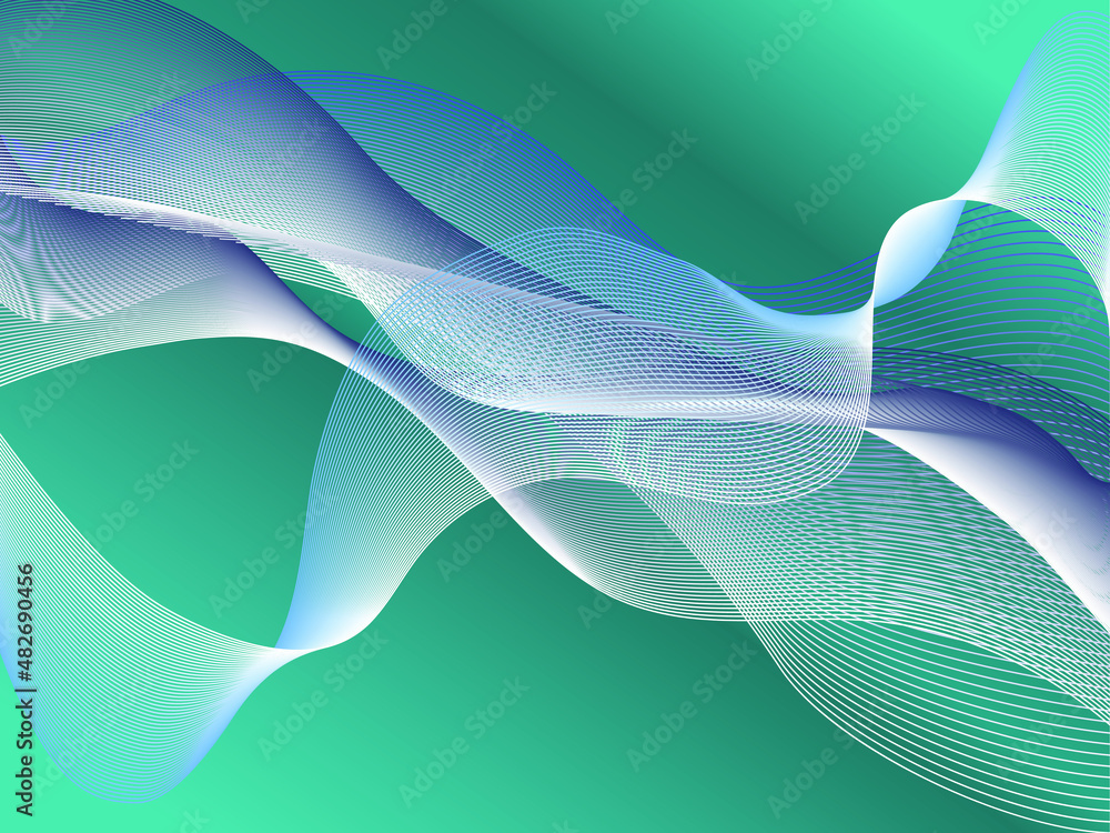 Poster transparent striped and mesh wavy elements on a turquoise illuminated background. abstract wavy 3d b