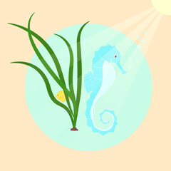cute cartoon seahorse and a goldfish with algae under the water bask with the rays of the sun. Vector illustration in a flat style