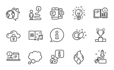 Education icons set. Included icon as Online documentation, Innovation, Flammable fuel signs. Smartphone sms, Idea, Instruction info symbols. Work home, Paint brush, Cloud protection. Vector