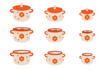 Set of pots and pans vector icons. Different sized cooking pots isolated on white. Vintage flower enamel on cooking pot. Set of cooking pots with lid and without lid