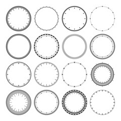 Mechanical clock faces, bezel. Watch dial with minute and hour marks. Timer or stopwatch element. Blank measuring circle scale with divisions. Vector illustration.