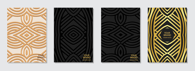 Cover design set, vector vertical templates. Embossed, black, beige backgrounds. Geometric golden 3d pattern of lines. A unique ethnos of the peoples of East India, Mexico, the Aztecs.