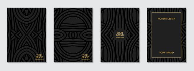 Cover design set, vertical templates. Collection of embossed black backgrounds, frame for text and advertising. Geometric 3d lines pattern. A unique ethnic group of the peoples of East India, Mexico, 