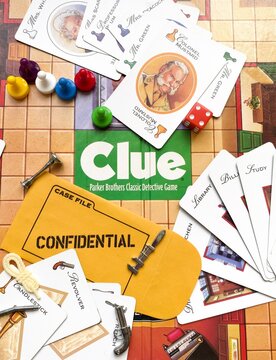 Clue, murder mystery board game. Known as Cluedo, outside of North America. Parker Brothers 1996 edition. Game pieces, weapons, characters, room cards, dice, board, confidential envelope.