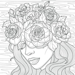 Girl's face and roses on her head.Coloring book antistress for children and adults. Illustration isolated on white background. Zen-tangle style. Hand draw