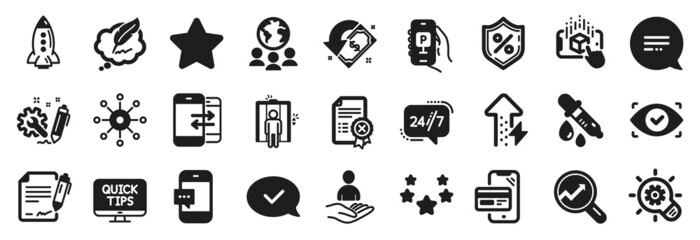 Set of Technology icons, such as Multichannel, Global business, Reject certificate icons. Text message, Chemistry pipette, Rocket signs. Cogwheel, Elevator, Signing document. Parking app. Vector