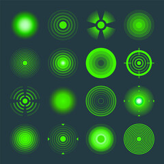 Thermal, night vision scope. Crosshair, gun sight vector icons. Bullseye, target or aim symbol. Military rifle scope, shooting mark sign. Targeting, aiming for a shot. Green radar waves, circles