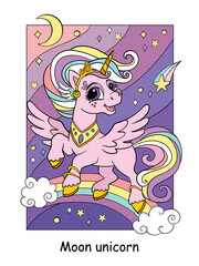Cute flying unicorn with moon vector illustration
