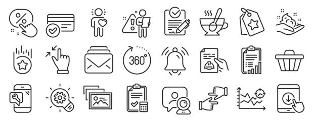 Set of Business icons, such as Seo analysis, Touchscreen gesture, Click hands icons. 360 degrees, Phone repair, Technical documentation signs. Notification bell, Payment methods, Skin care. Vector